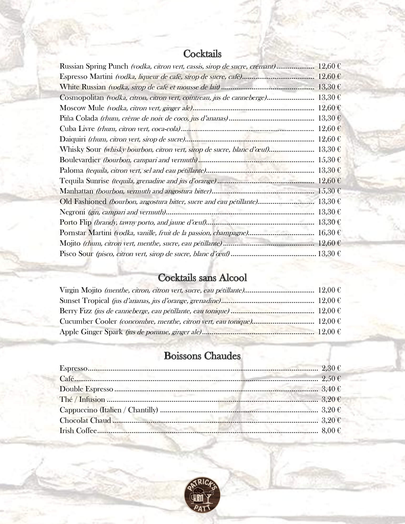 Cocktails, Cocktails sans Alcool, Boissons chaudes