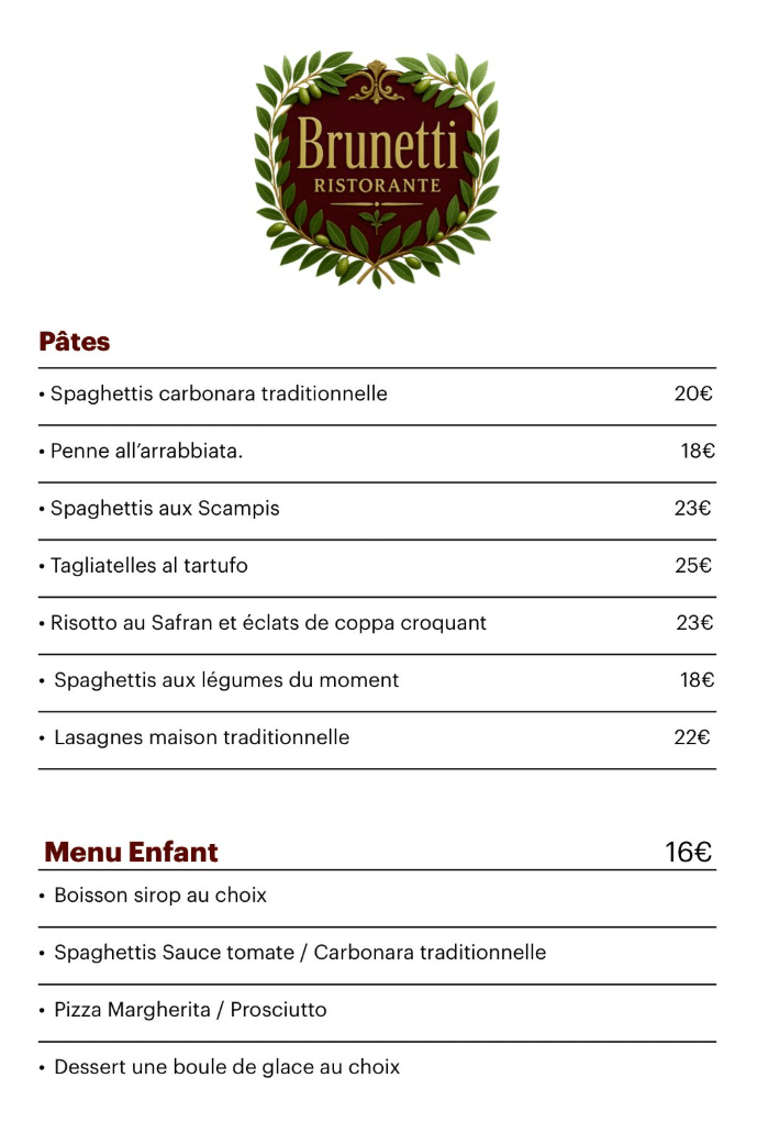 Pâtes et Menu enfant